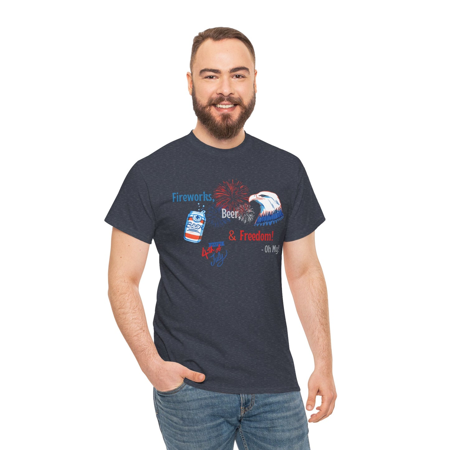 Patriotic Unisex Heavy Cotton Tee - Fireworks, Beer & Freedom Design