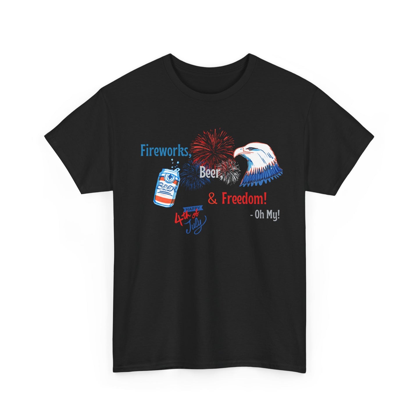 Patriotic Unisex Heavy Cotton Tee - Fireworks, Beer & Freedom Design