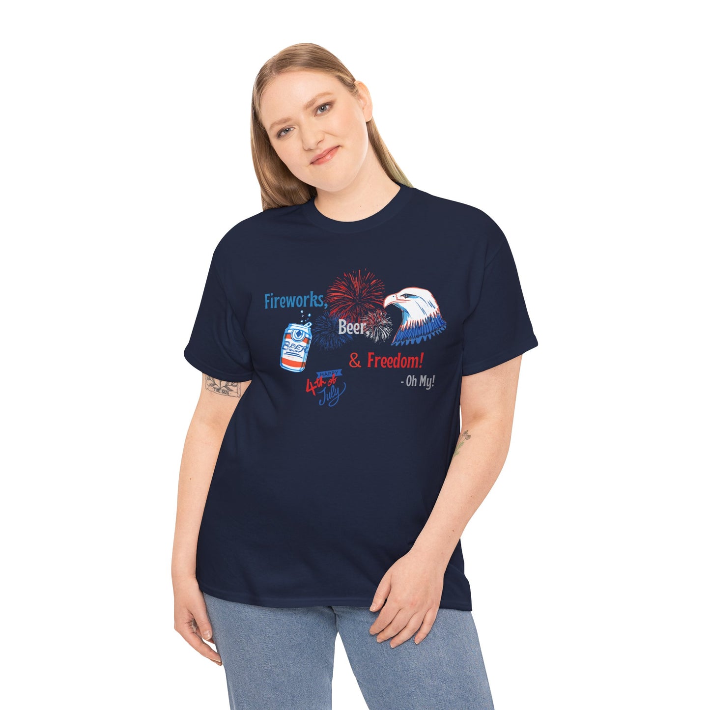 Patriotic Unisex Heavy Cotton Tee - Fireworks, Beer & Freedom Design