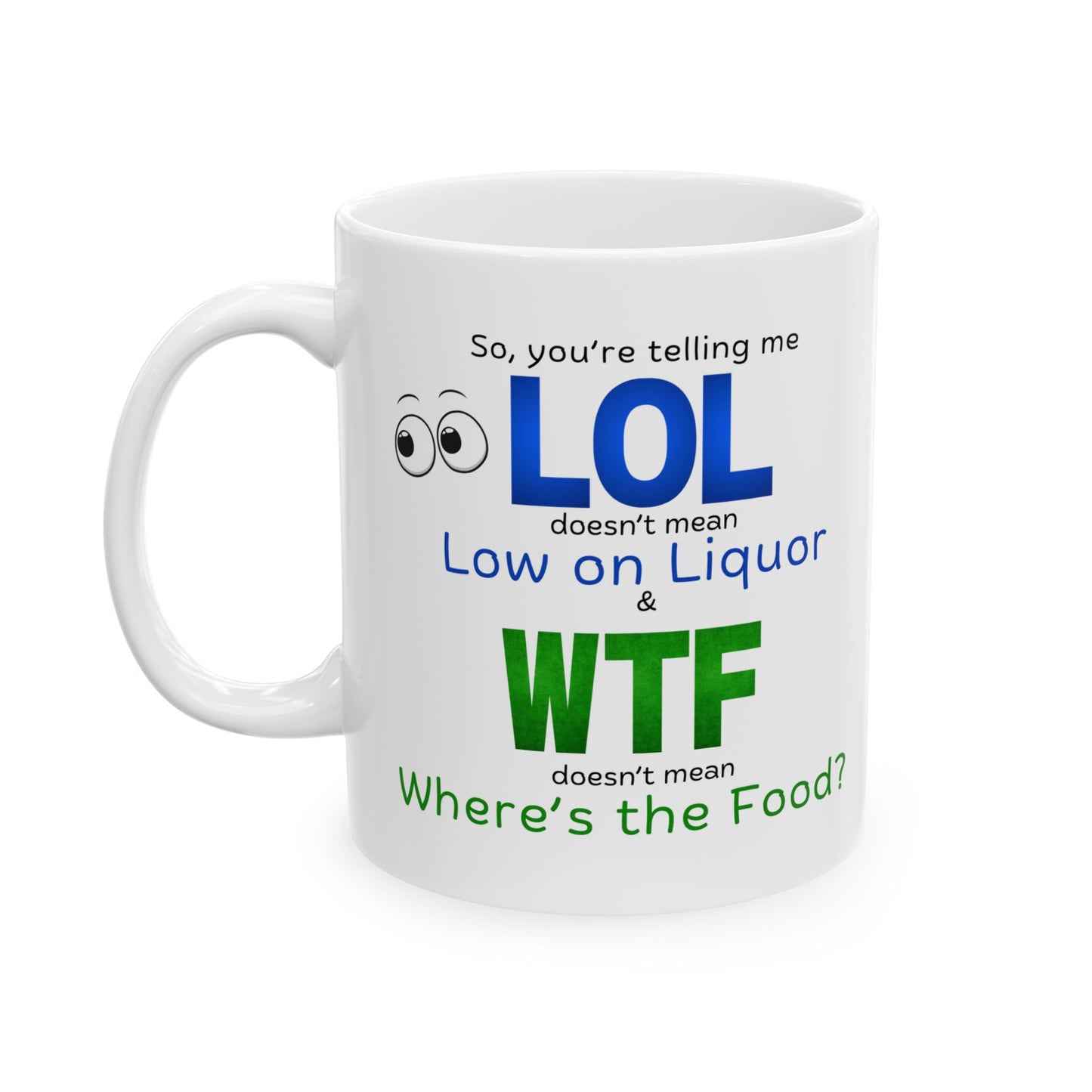LOL Funny Ceramic Mug - Low on Liquor, Where's the Food?
