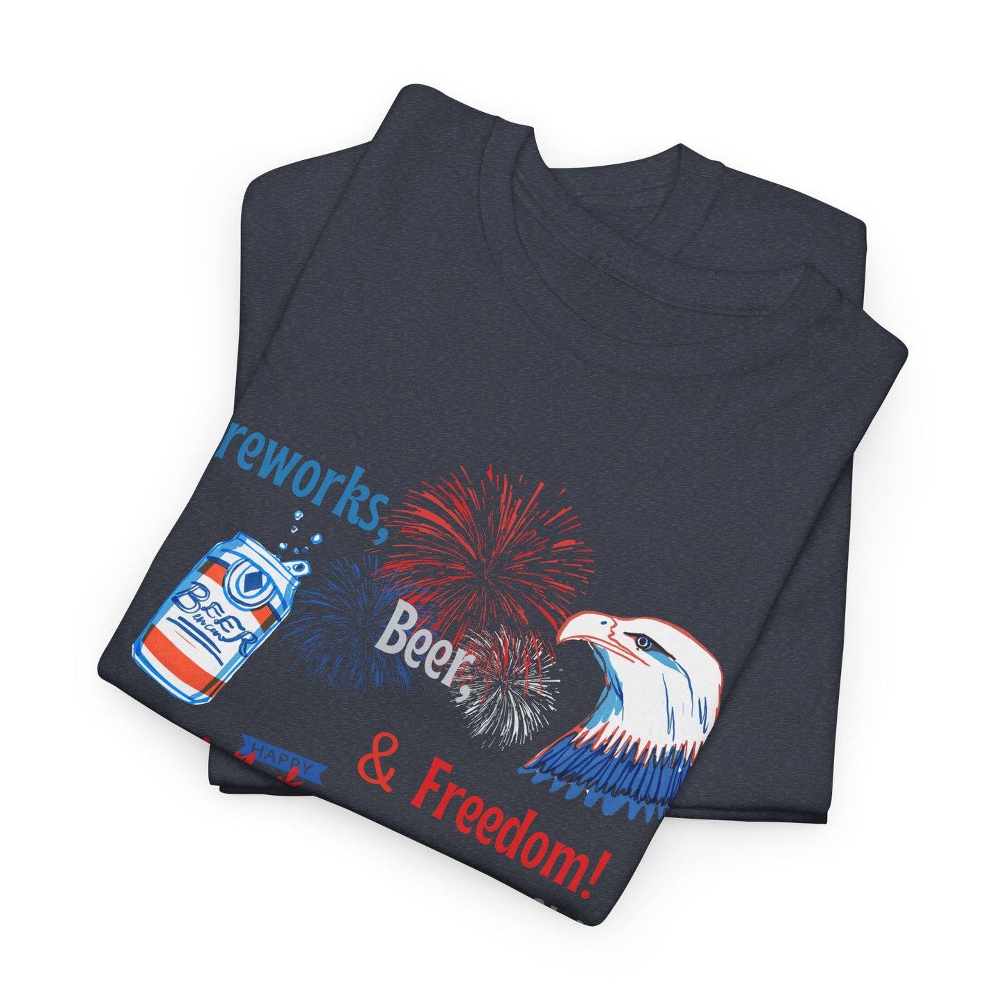 Patriotic Unisex Heavy Cotton Tee - Fireworks, Beer & Freedom Design