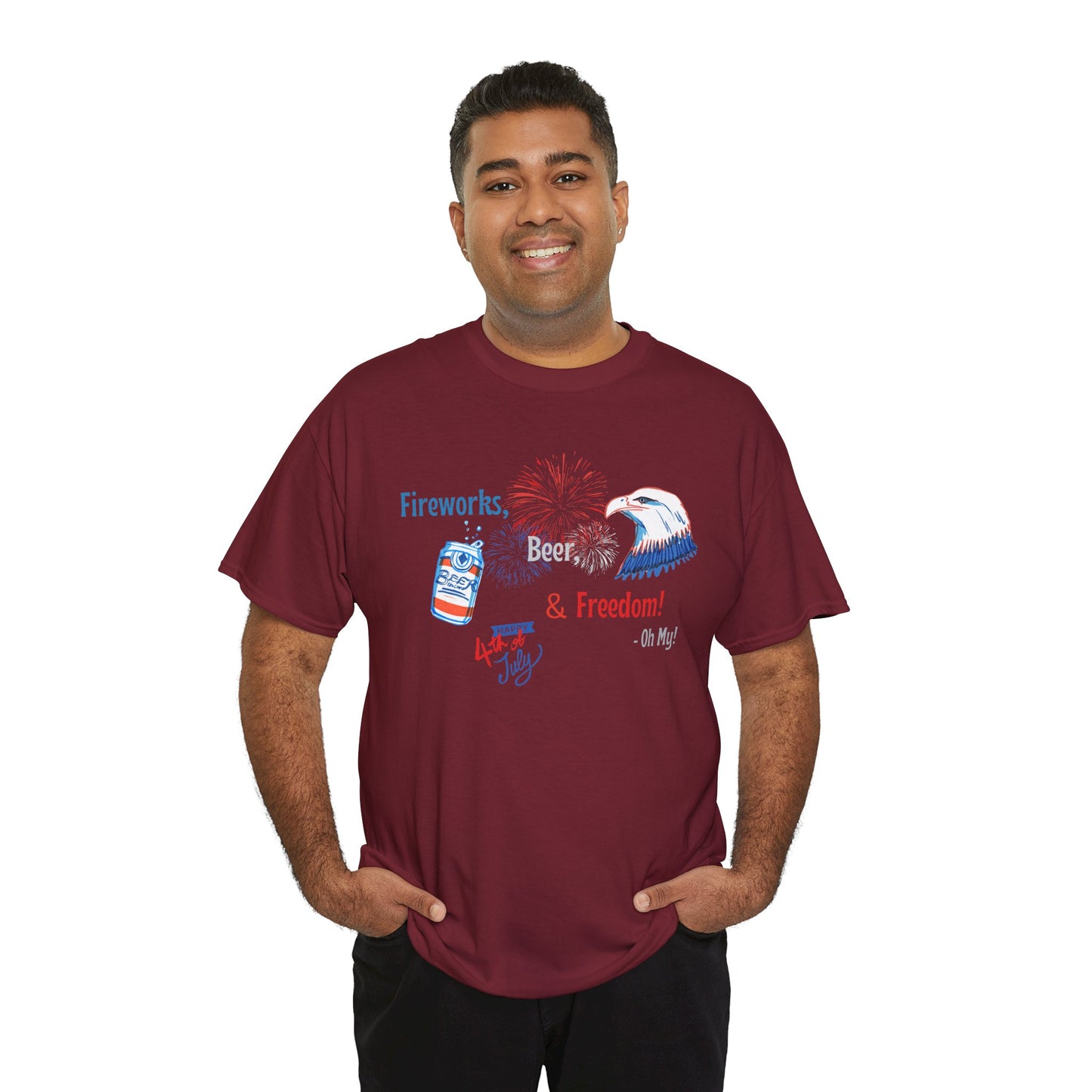 Patriotic Unisex Heavy Cotton Tee - Fireworks, Beer & Freedom Design