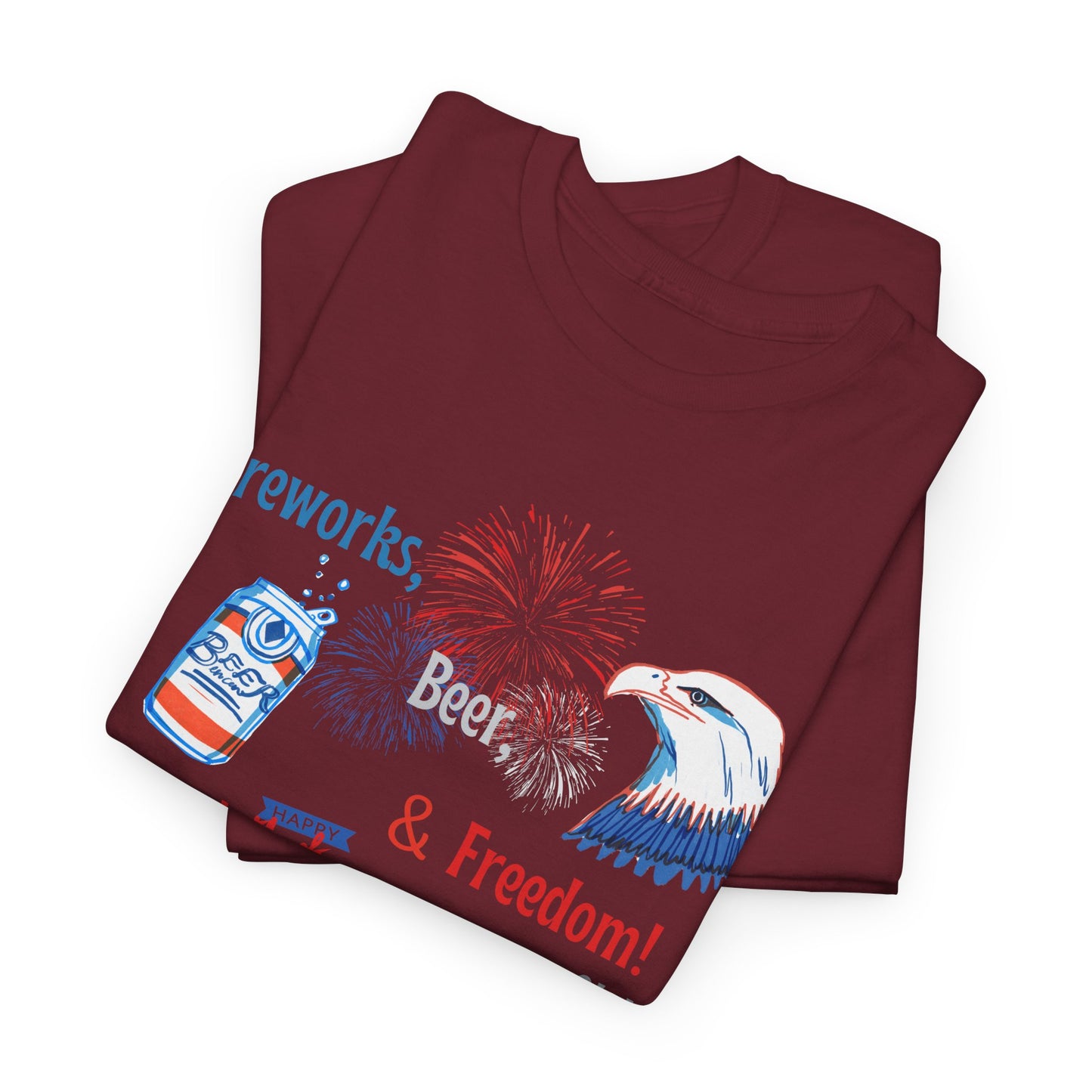 Patriotic Unisex Heavy Cotton Tee - Fireworks, Beer & Freedom Design