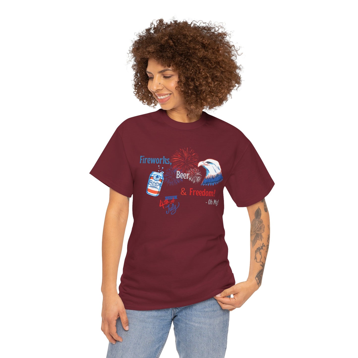 Patriotic Unisex Heavy Cotton Tee - Fireworks, Beer & Freedom Design