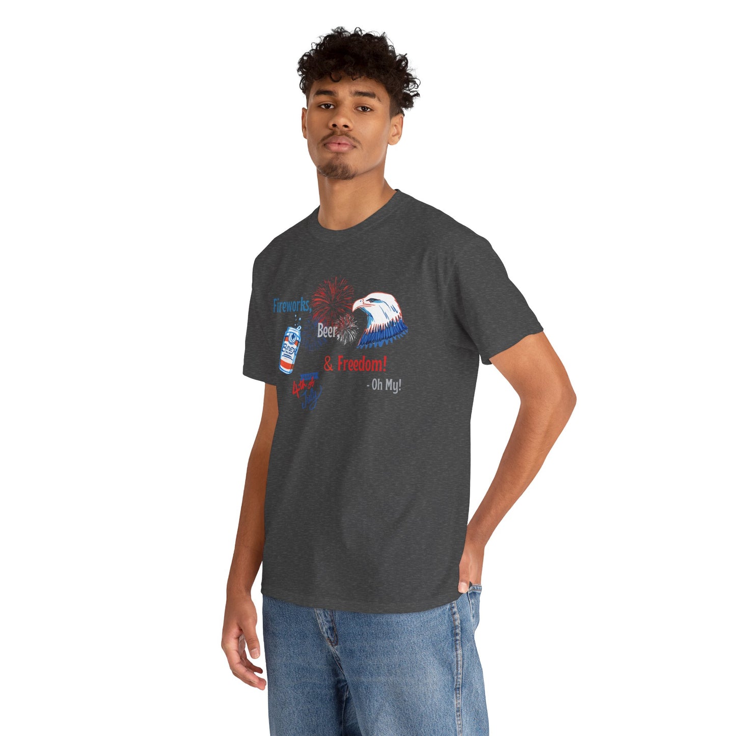 Patriotic Unisex Heavy Cotton Tee - Fireworks, Beer & Freedom Design