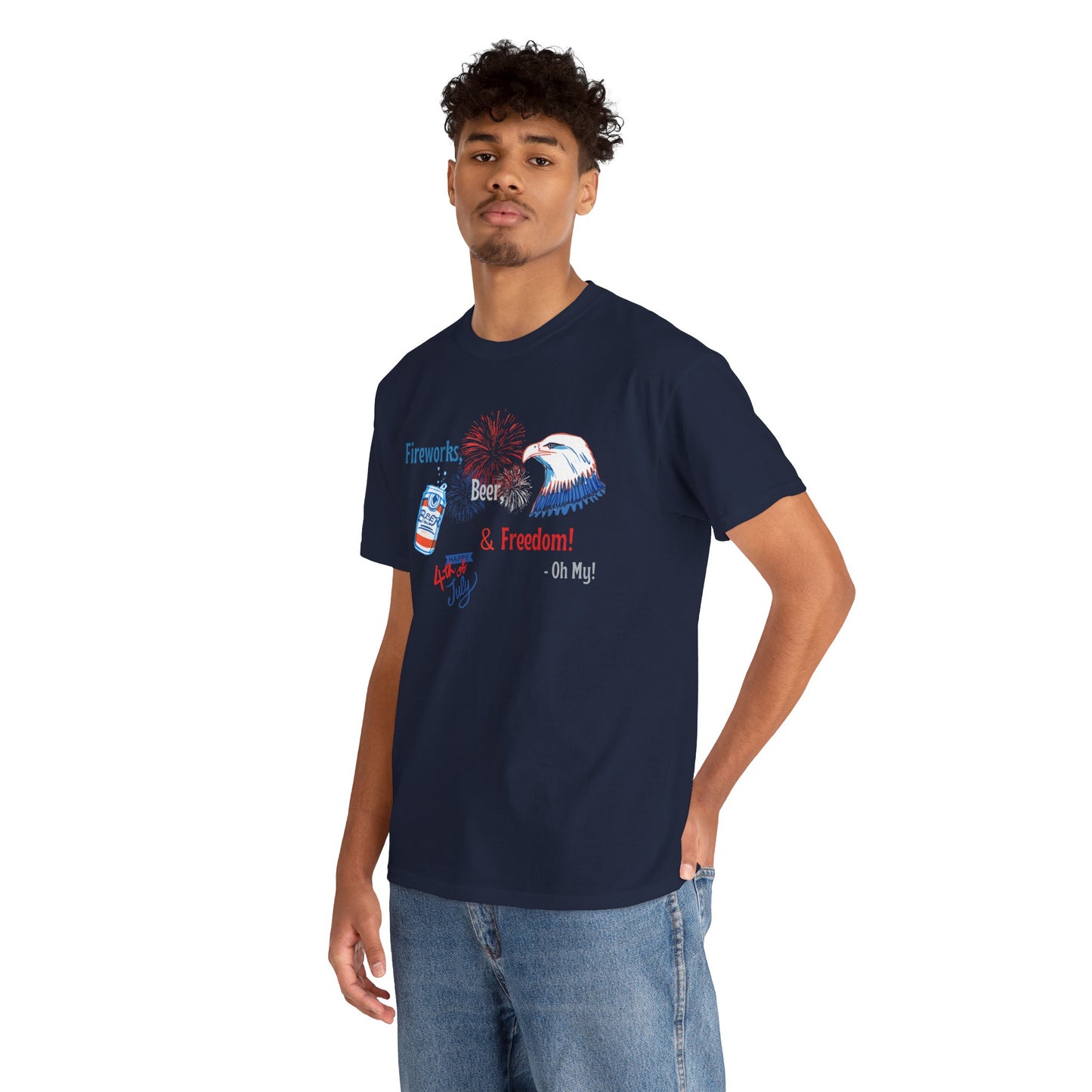 Patriotic Unisex Heavy Cotton Tee - Fireworks, Beer & Freedom Design