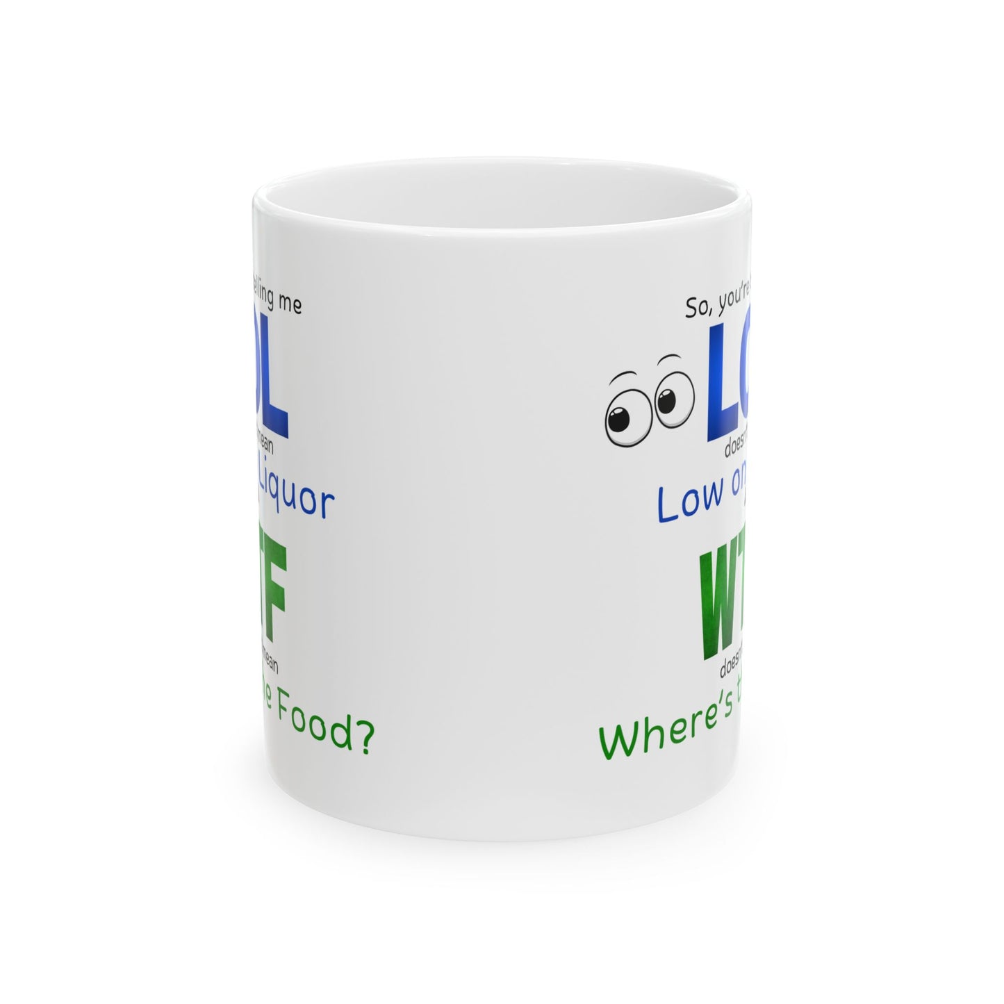 LOL Funny Ceramic Mug - Low on Liquor, Where's the Food?