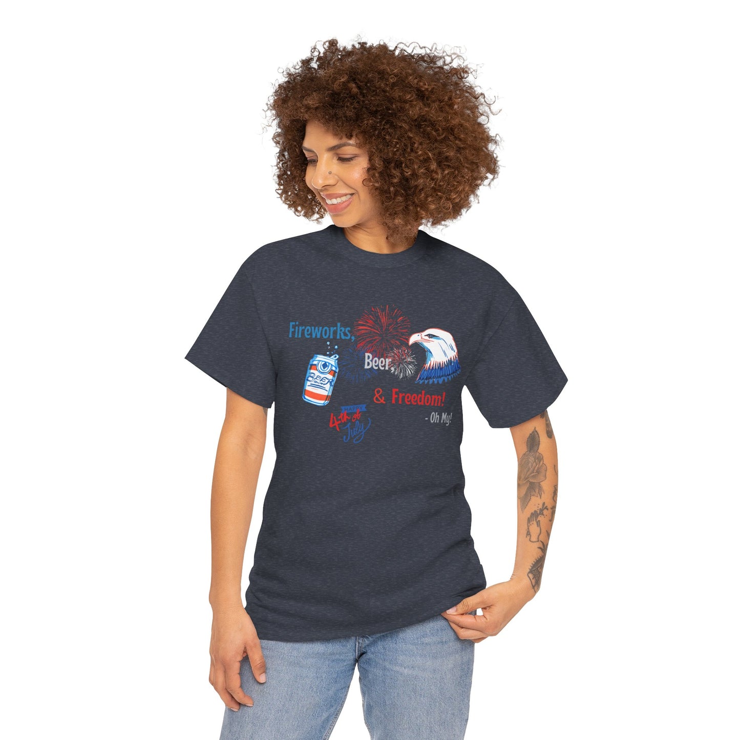 Patriotic Unisex Heavy Cotton Tee - Fireworks, Beer & Freedom Design