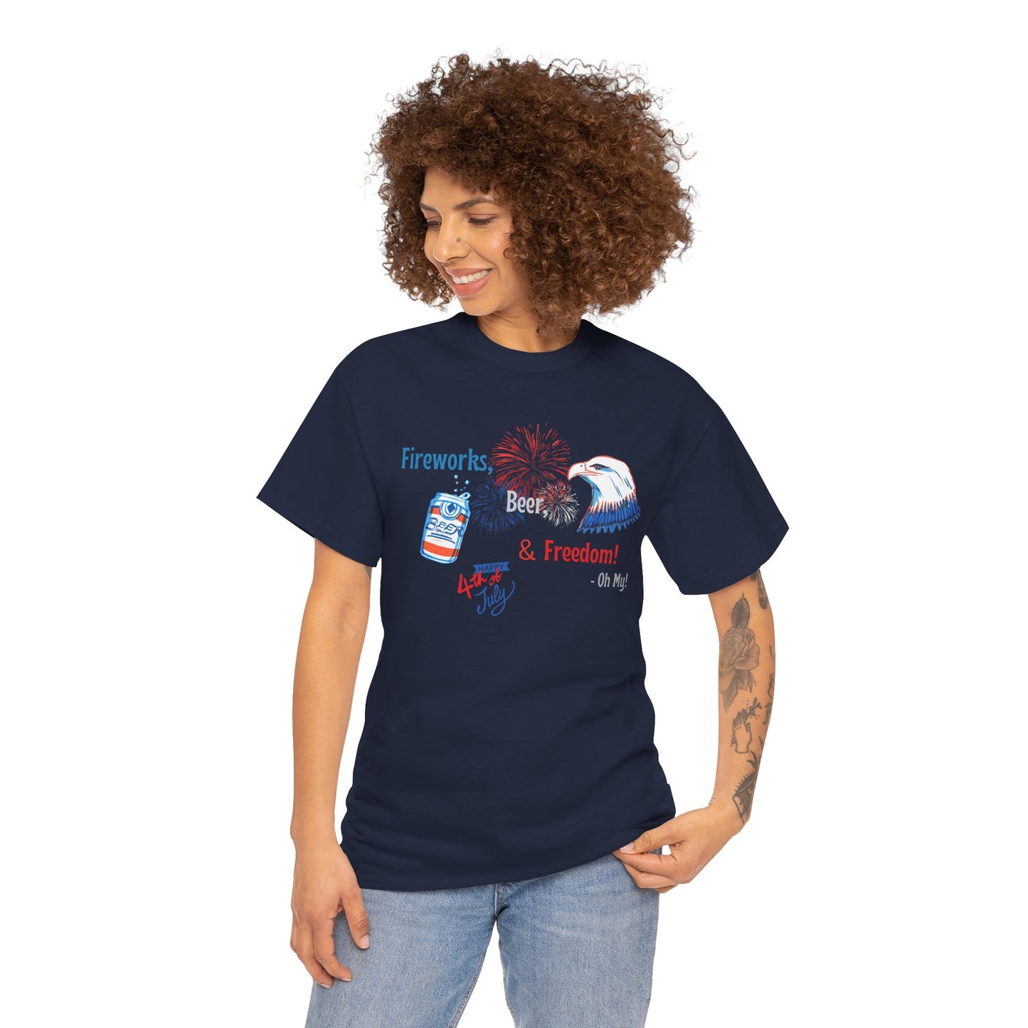 Patriotic Unisex Heavy Cotton Tee - Fireworks, Beer & Freedom Design