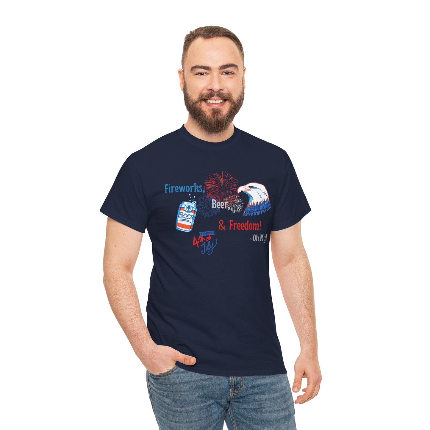 Patriotic Unisex Heavy Cotton Tee - Fireworks, Beer & Freedom Design