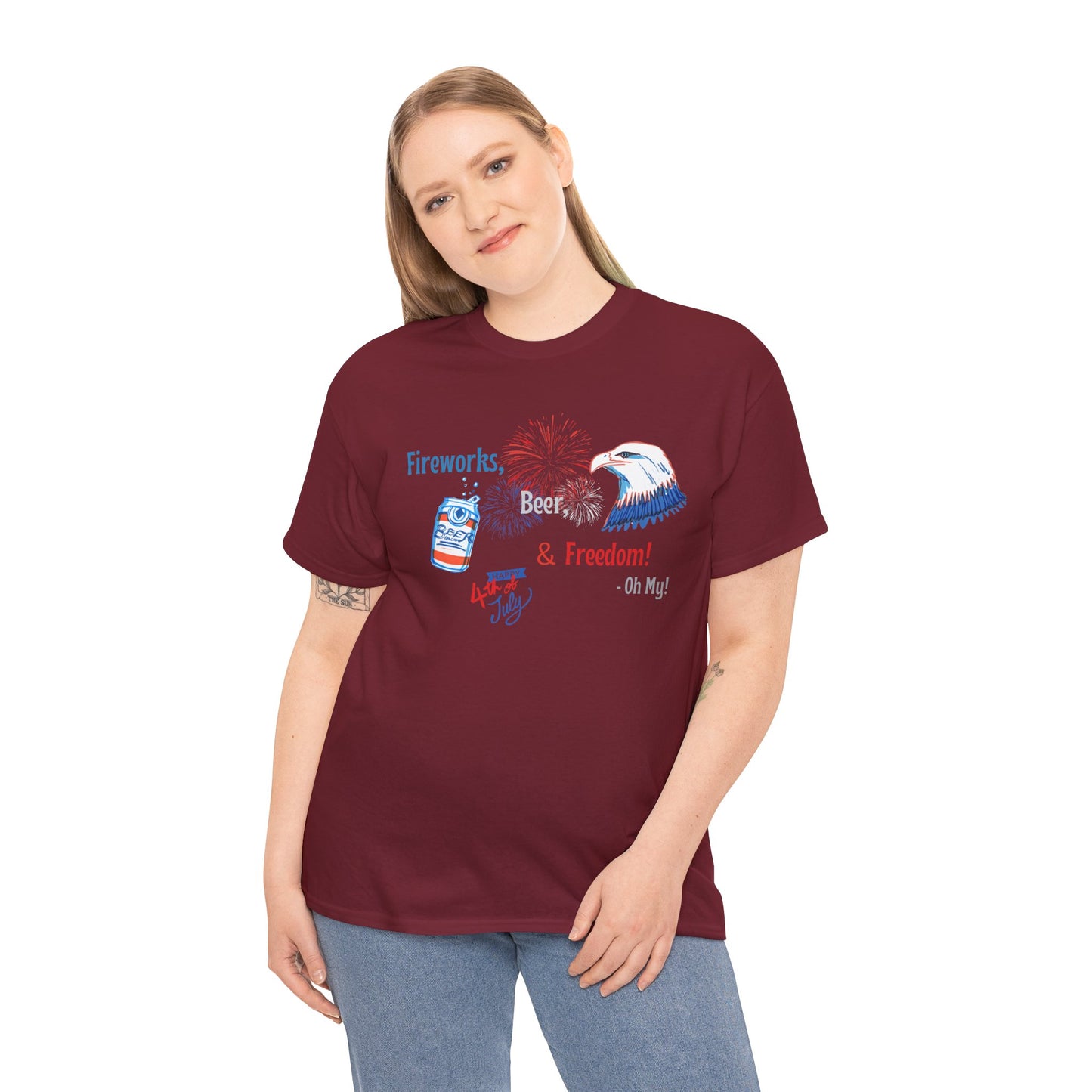 Patriotic Unisex Heavy Cotton Tee - Fireworks, Beer & Freedom Design