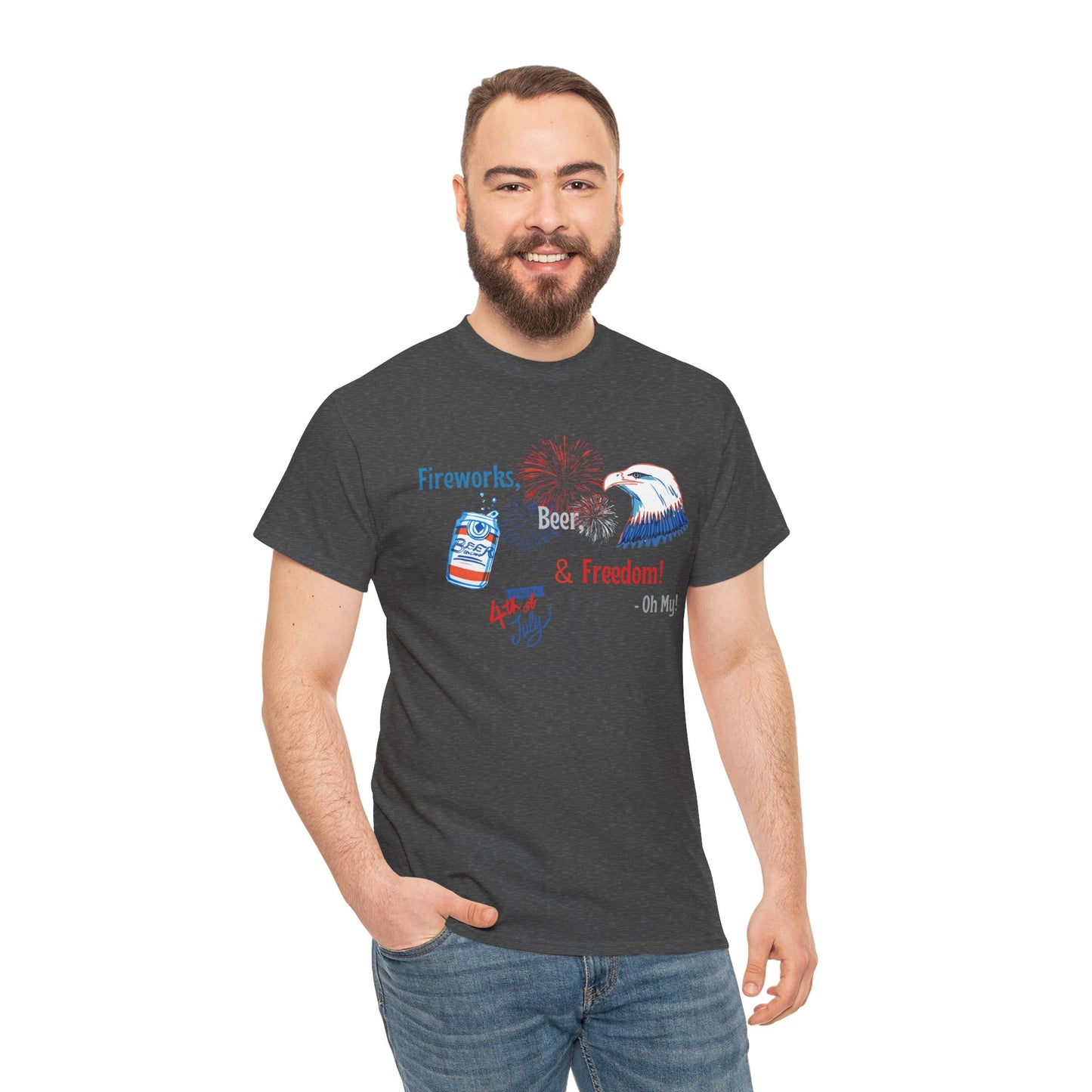 Patriotic Unisex Heavy Cotton Tee - Fireworks, Beer & Freedom Design
