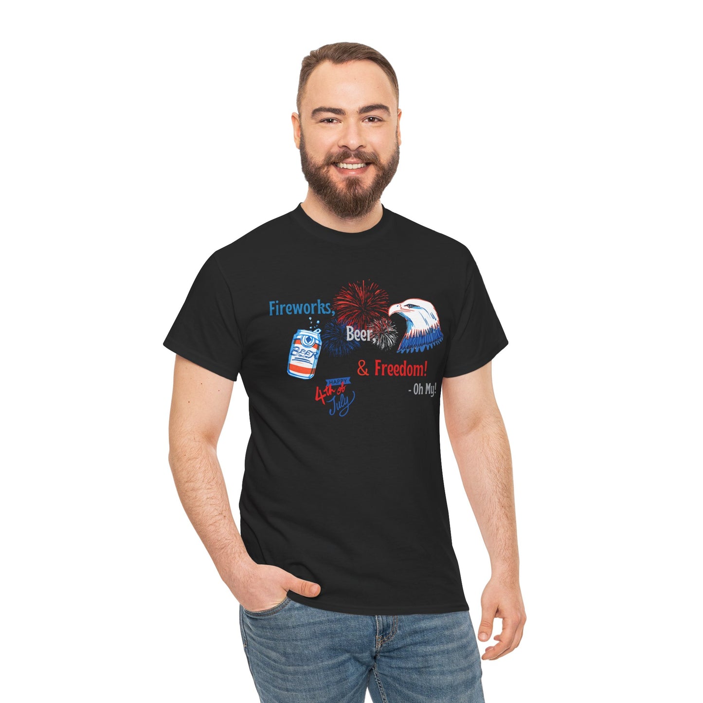 Patriotic Unisex Heavy Cotton Tee - Fireworks, Beer & Freedom Design