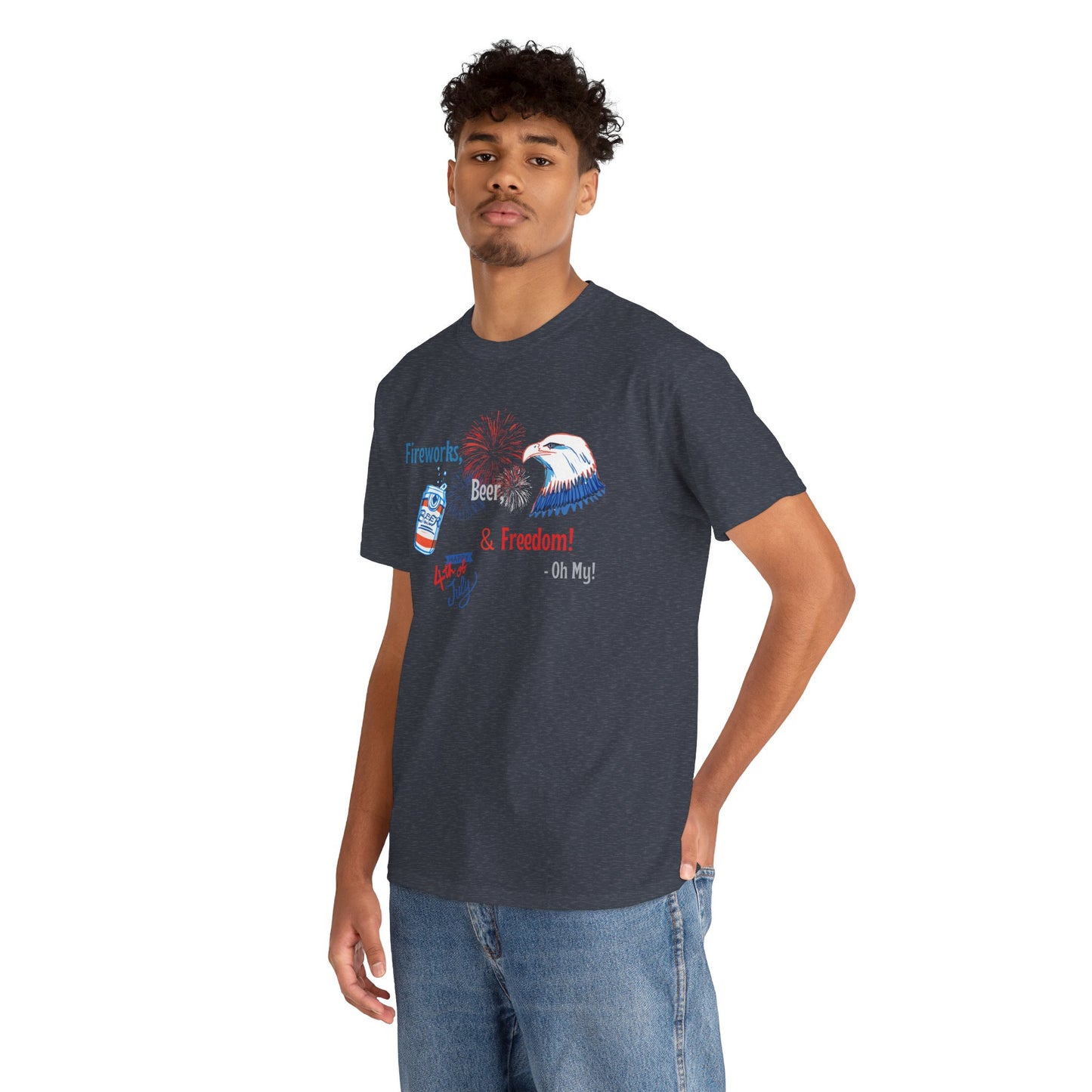 Patriotic Unisex Heavy Cotton Tee - Fireworks, Beer & Freedom Design