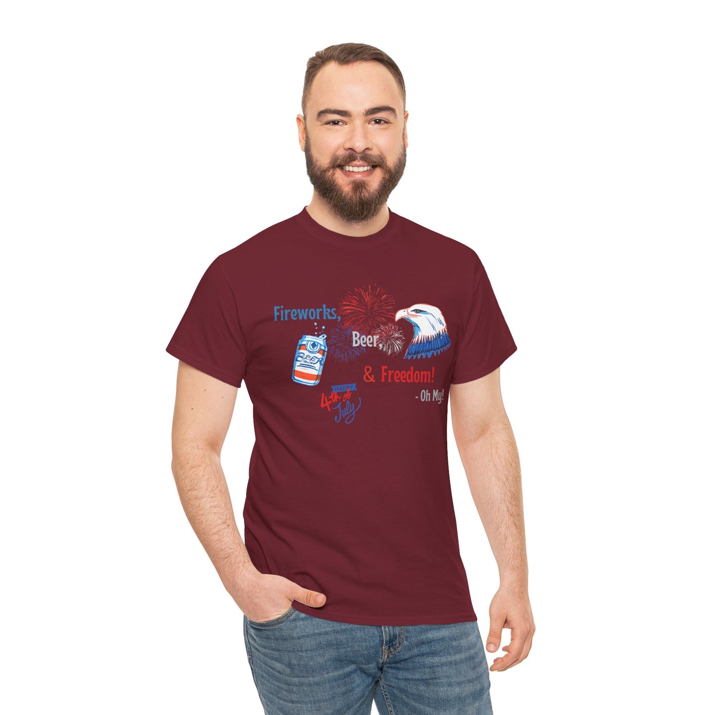 Patriotic Unisex Heavy Cotton Tee - Fireworks, Beer & Freedom Design