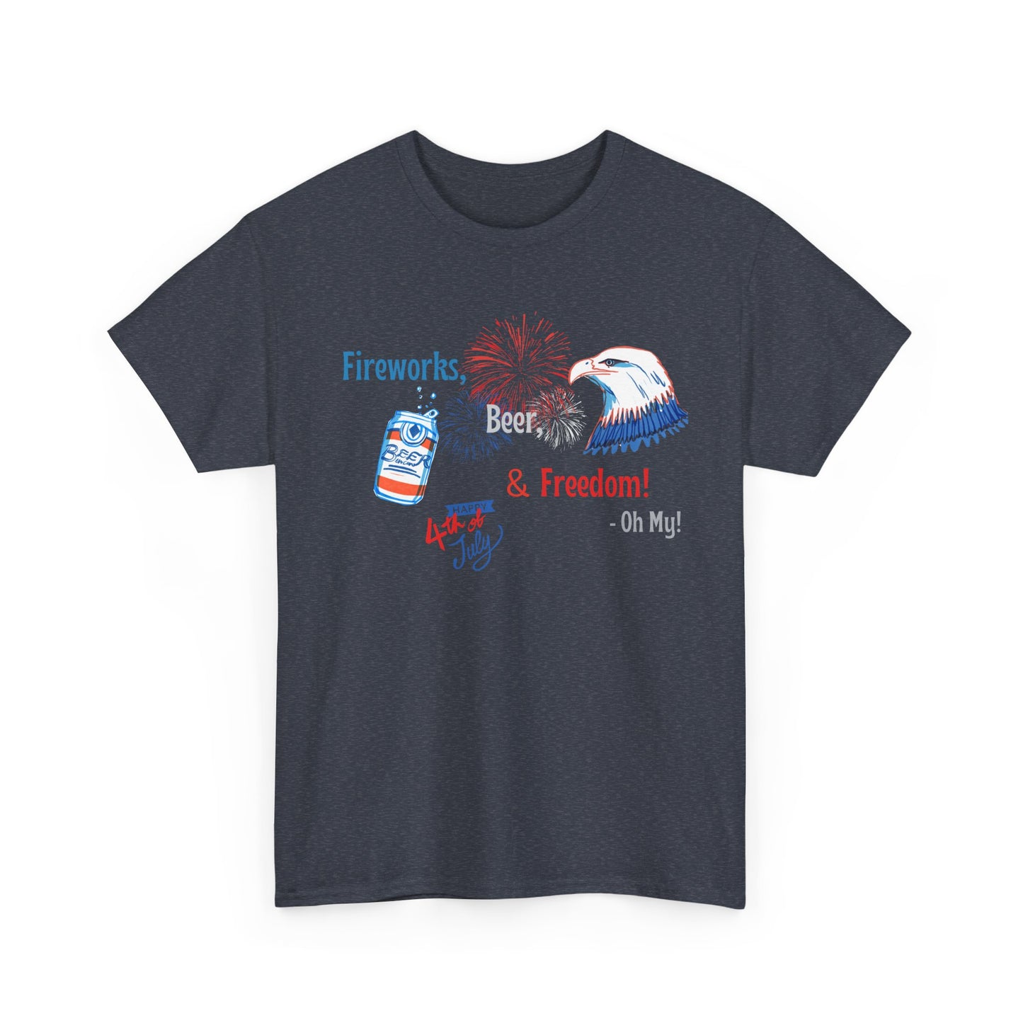 Patriotic Unisex Heavy Cotton Tee - Fireworks, Beer & Freedom Design