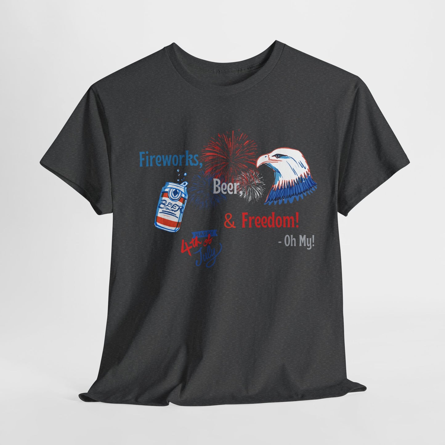 Patriotic Unisex Heavy Cotton Tee - Fireworks, Beer & Freedom Design