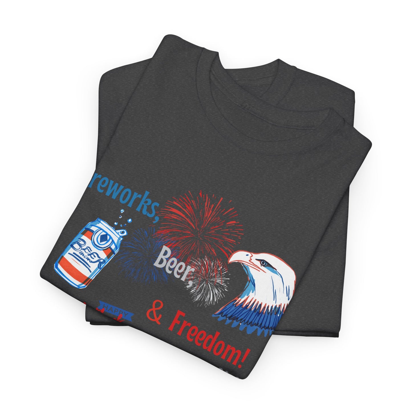 Patriotic Unisex Heavy Cotton Tee - Fireworks, Beer & Freedom Design