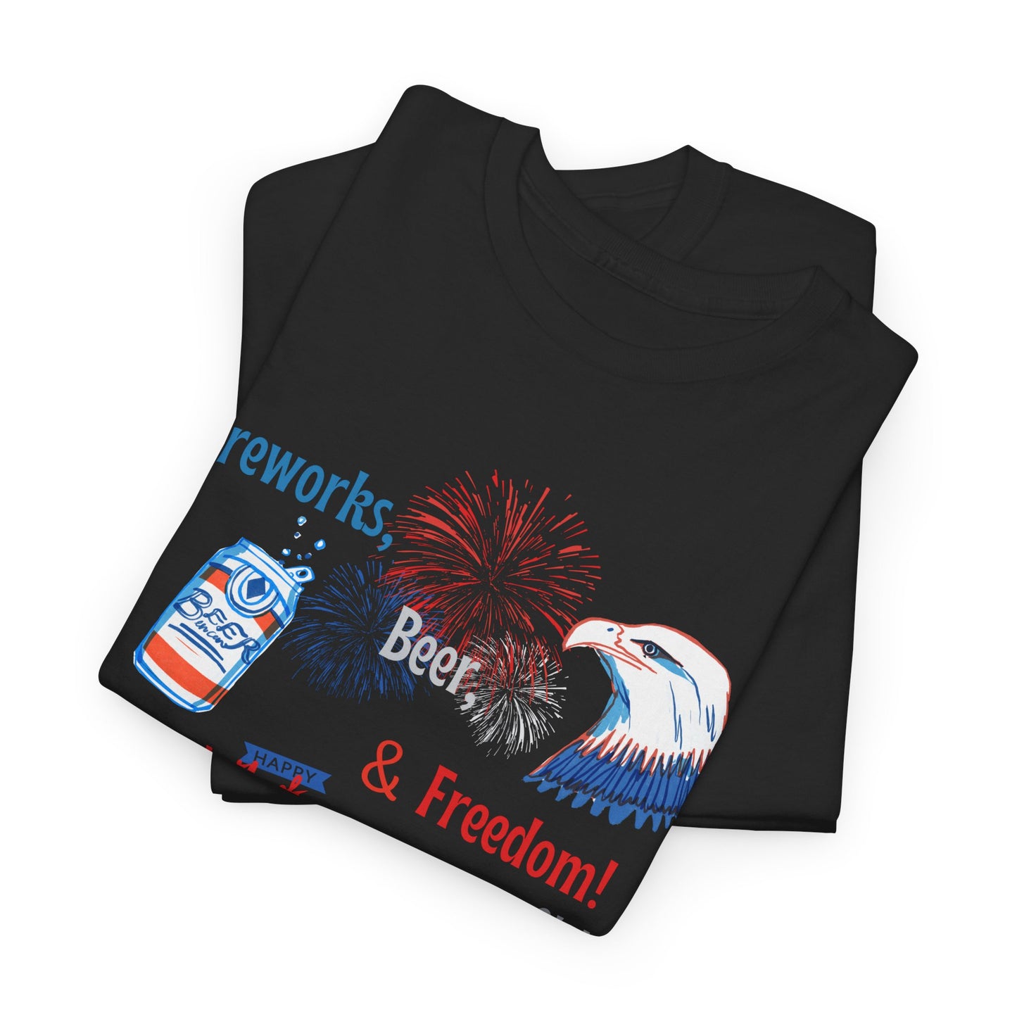 Patriotic Unisex Heavy Cotton Tee - Fireworks, Beer & Freedom Design