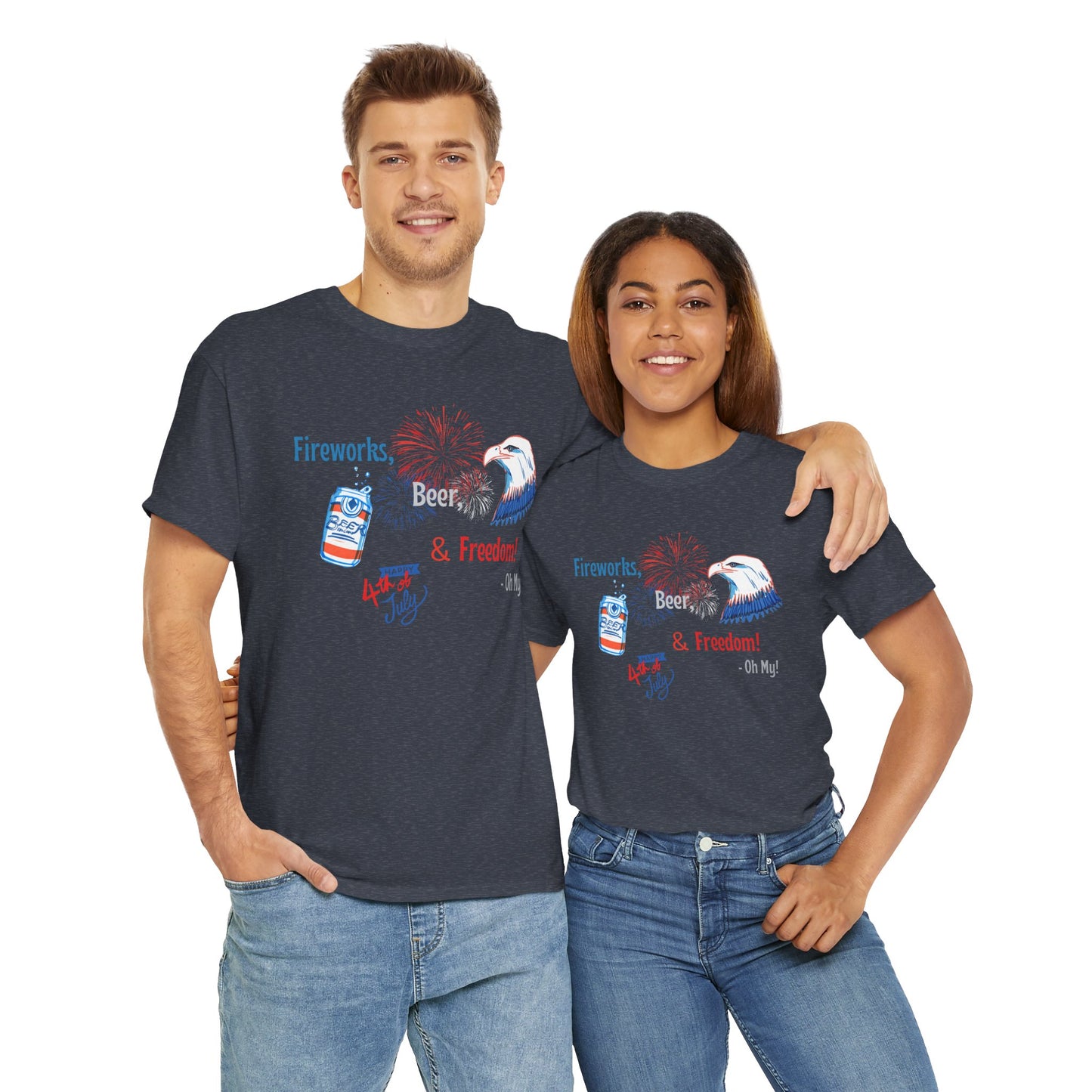 Patriotic Unisex Heavy Cotton Tee - Fireworks, Beer & Freedom Design