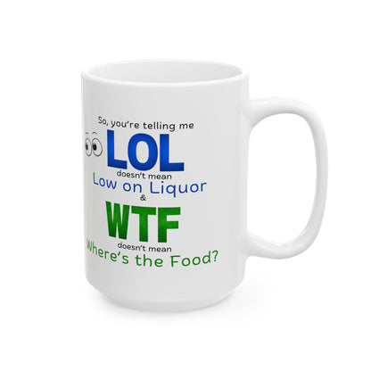 LOL Funny Ceramic Mug - Low on Liquor, Where's the Food?