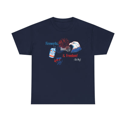 Patriotic Unisex Heavy Cotton Tee - Fireworks, Beer & Freedom Design