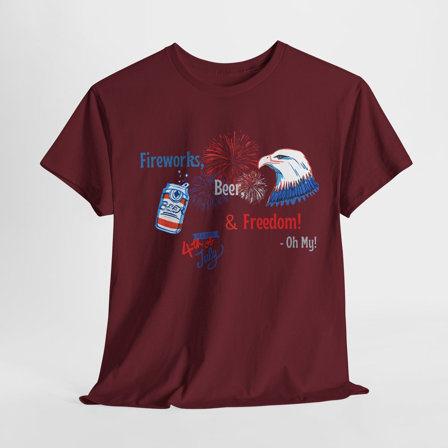 Patriotic Unisex Heavy Cotton Tee - Fireworks, Beer & Freedom Design