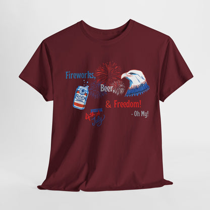 Patriotic Unisex Heavy Cotton Tee - Fireworks, Beer & Freedom Design