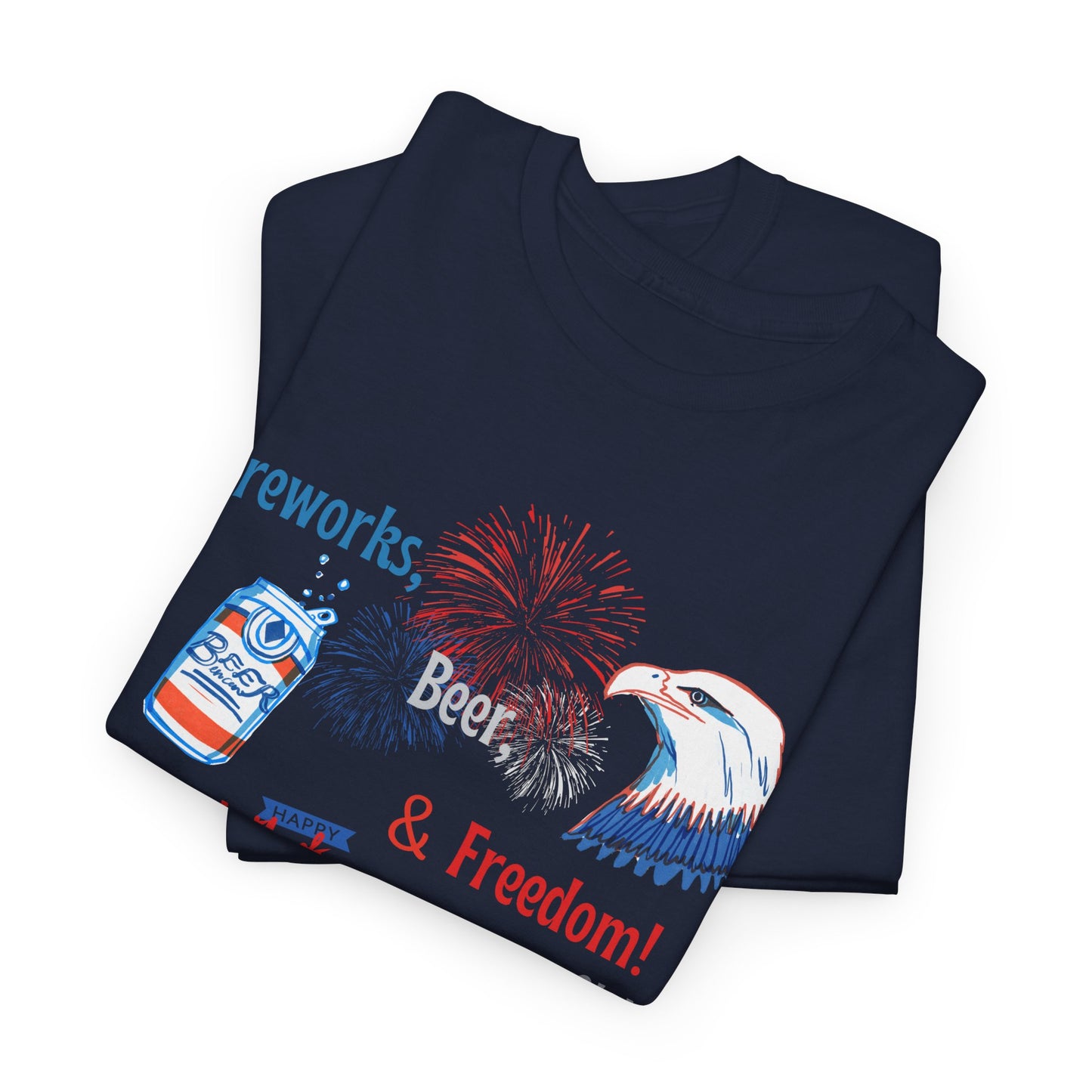 Patriotic Unisex Heavy Cotton Tee - Fireworks, Beer & Freedom Design