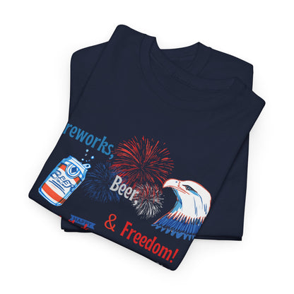 Patriotic Unisex Heavy Cotton Tee - Fireworks, Beer & Freedom Design