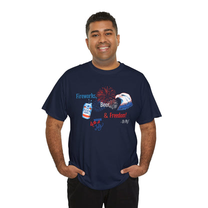Patriotic Unisex Heavy Cotton Tee - Fireworks, Beer & Freedom Design