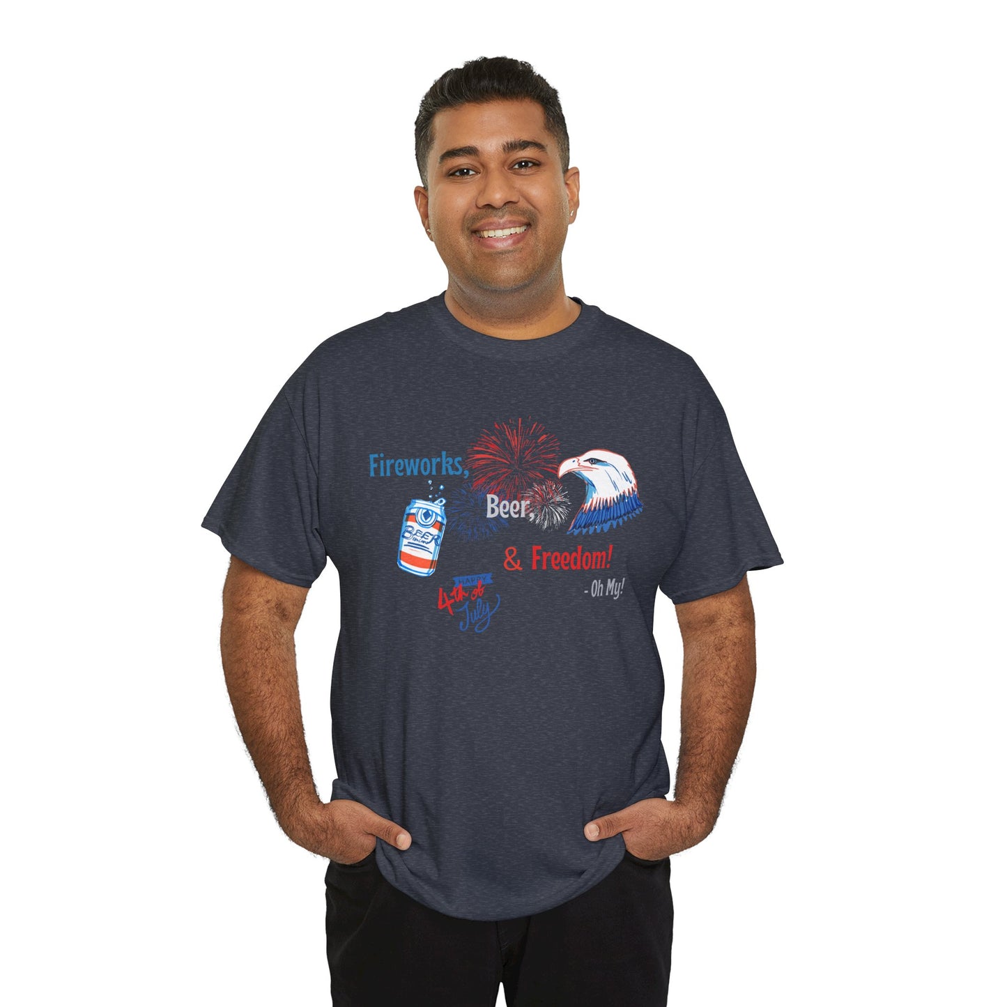 Patriotic Unisex Heavy Cotton Tee - Fireworks, Beer & Freedom Design