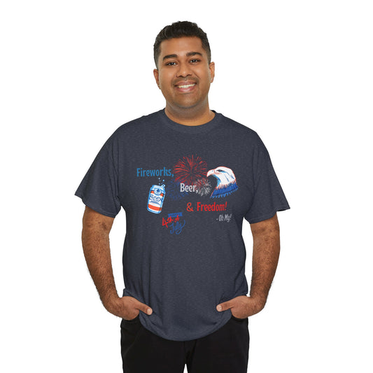 Patriotic Unisex Heavy Cotton Tee - Fireworks, Beer & Freedom Design