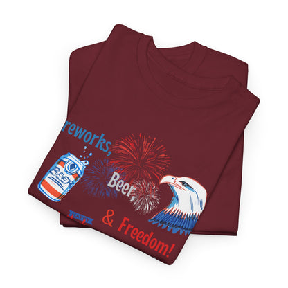 Patriotic Unisex Heavy Cotton Tee - Fireworks, Beer & Freedom Design