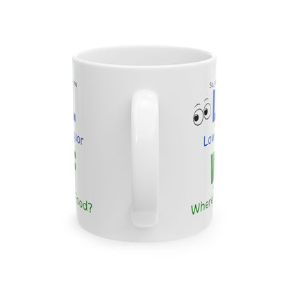LOL Funny Ceramic Mug - Low on Liquor, Where's the Food?