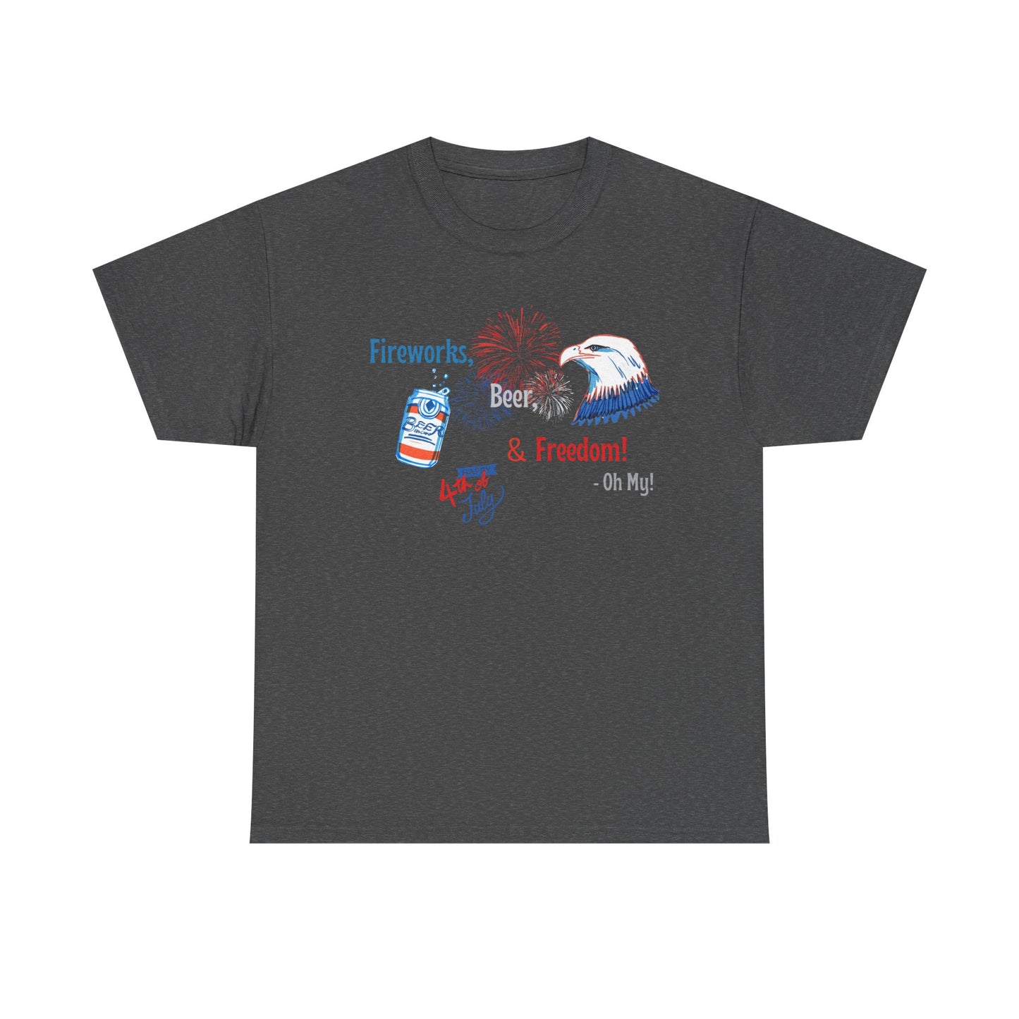 Patriotic Unisex Heavy Cotton Tee - Fireworks, Beer & Freedom Design