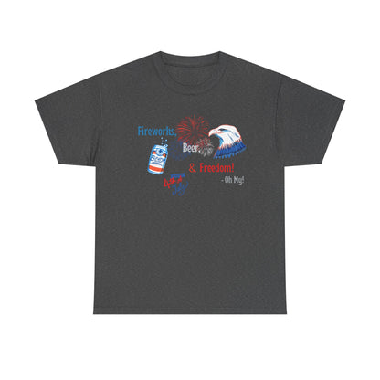 Patriotic Unisex Heavy Cotton Tee - Fireworks, Beer & Freedom Design