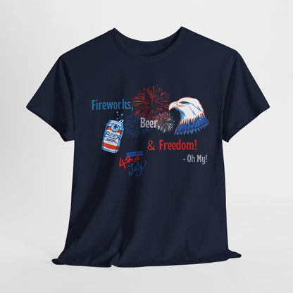 Patriotic Unisex Heavy Cotton Tee - Fireworks, Beer & Freedom Design