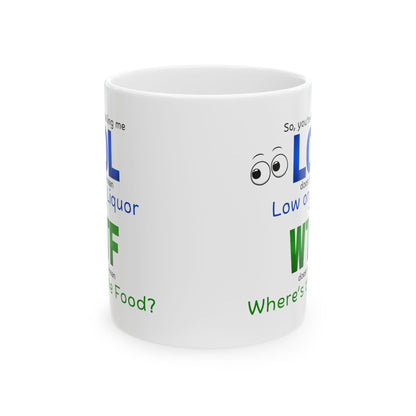 LOL Funny Ceramic Mug - Low on Liquor, Where's the Food?