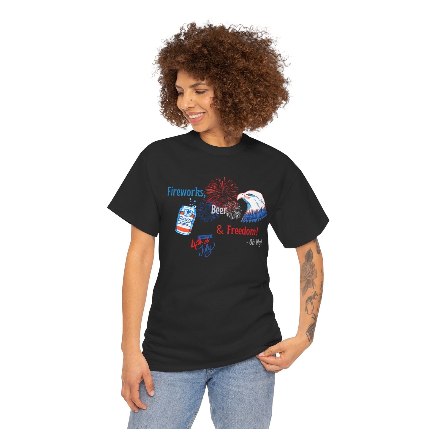 Patriotic Unisex Heavy Cotton Tee - Fireworks, Beer & Freedom Design