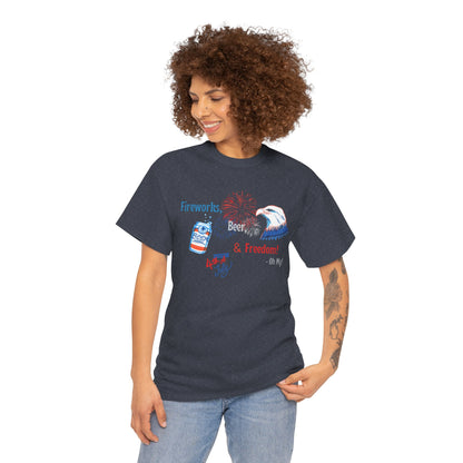 Patriotic Unisex Heavy Cotton Tee - Fireworks, Beer & Freedom Design