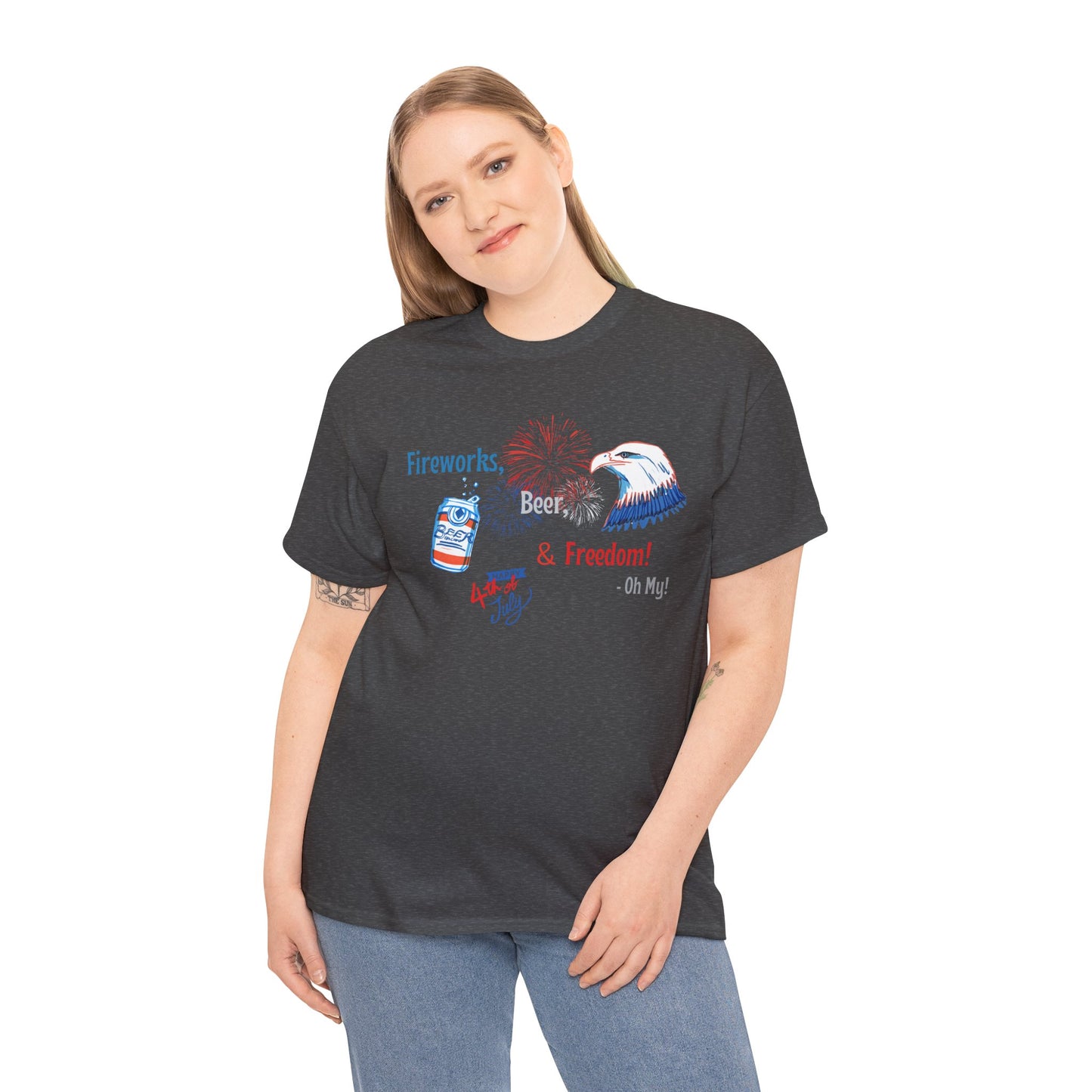 Patriotic Unisex Heavy Cotton Tee - Fireworks, Beer & Freedom Design