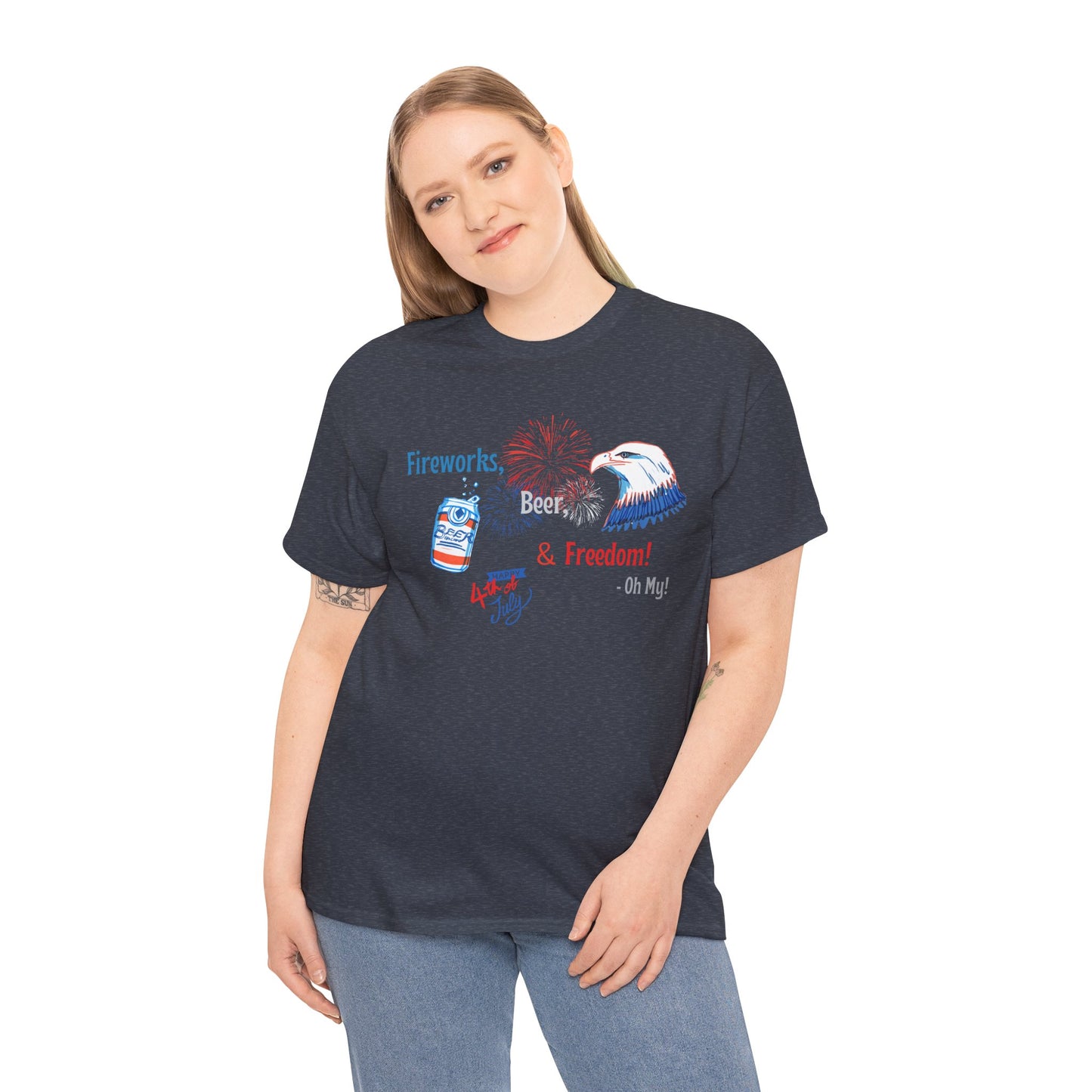 Patriotic Unisex Heavy Cotton Tee - Fireworks, Beer & Freedom Design