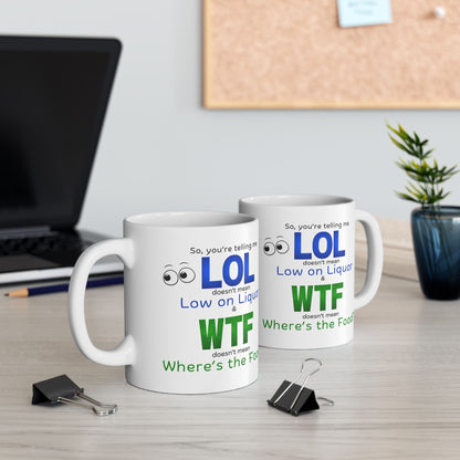 LOL Funny Ceramic Mug - Low on Liquor, Where's the Food?