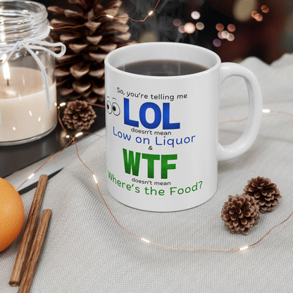 LOL Funny Ceramic Mug - Low on Liquor, Where's the Food?