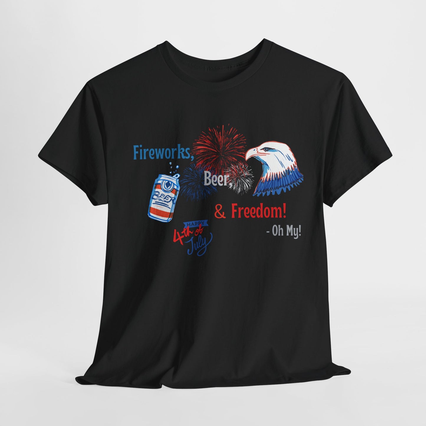 Patriotic Unisex Heavy Cotton Tee - Fireworks, Beer & Freedom Design