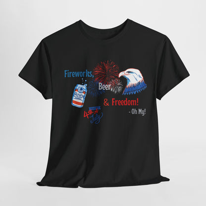 Patriotic Unisex Heavy Cotton Tee - Fireworks, Beer & Freedom Design