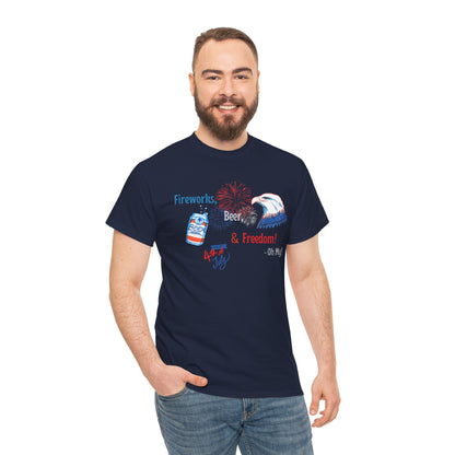 Patriotic Unisex Heavy Cotton Tee - Fireworks, Beer & Freedom Design