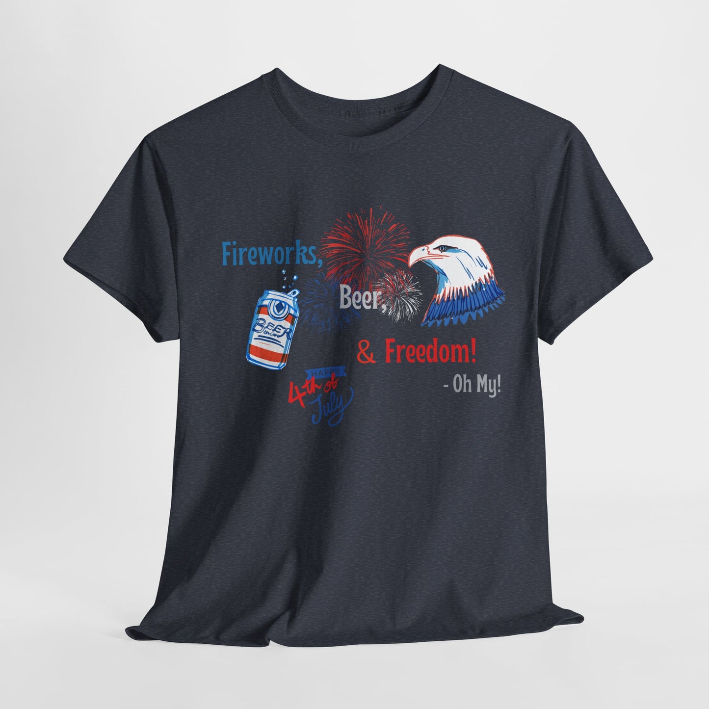 Patriotic Unisex Heavy Cotton Tee - Fireworks, Beer & Freedom Design