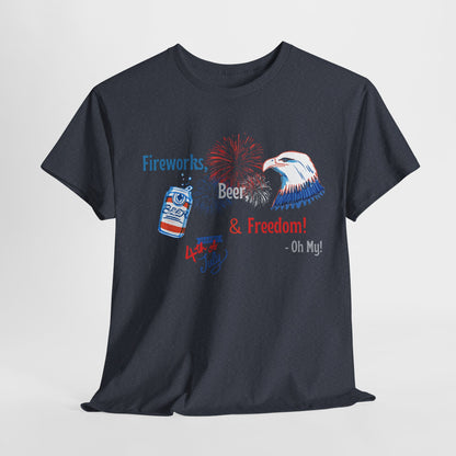Patriotic Unisex Heavy Cotton Tee - Fireworks, Beer & Freedom Design